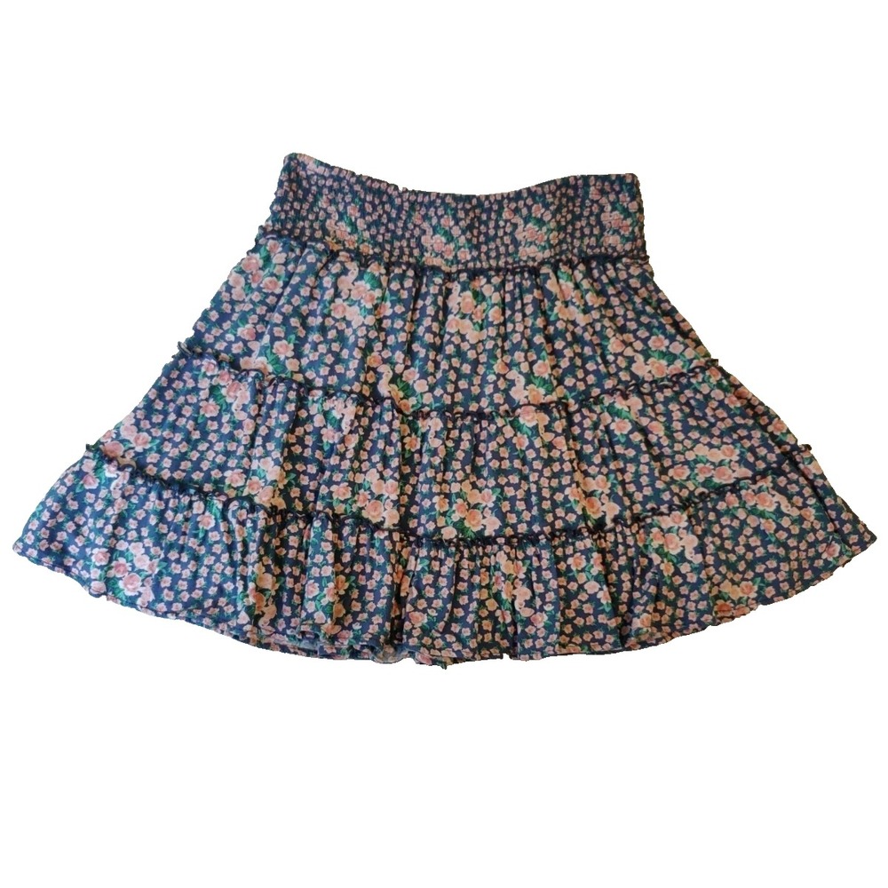 American Eagle Women's Floral Smocked Tiered Mini Skirt Cottagecore Blue Pink L